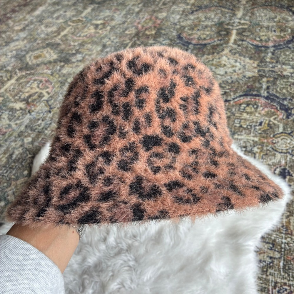Sonoma Leopard Print Fuzzy Faux Fur Bucket Hat Brown Black Y2K RN73277